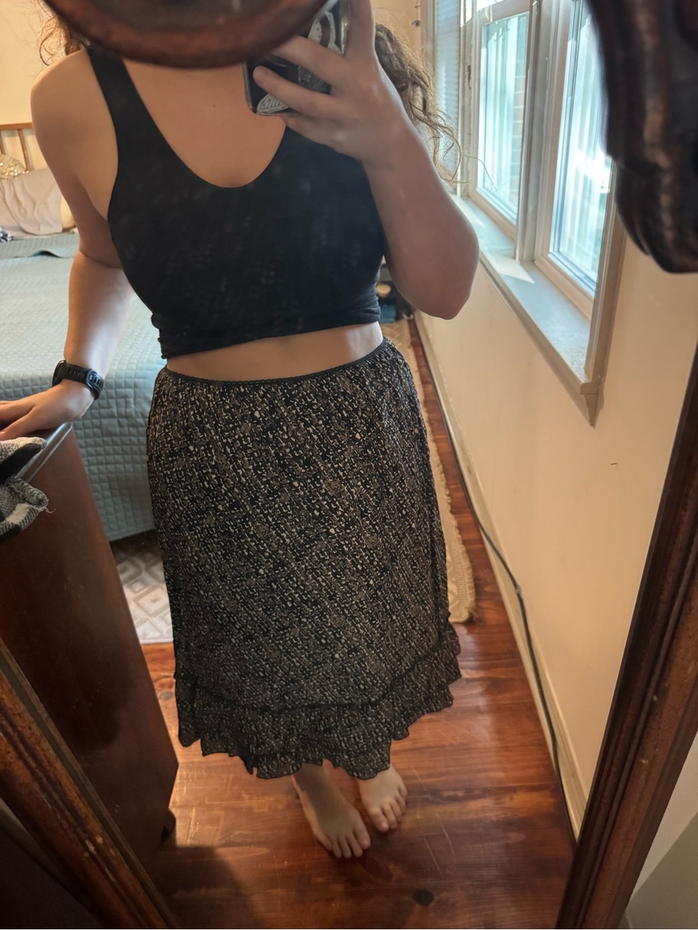 1990s Black Speckled Ruffle-Hem Midi Skirt